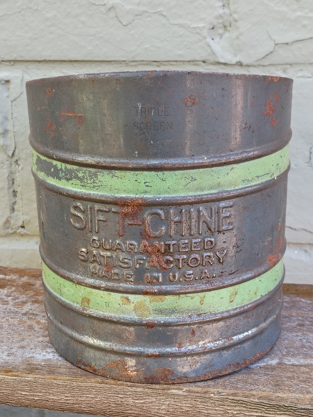 Vintage Sift-Chine Metal Sifter with Mint Green Bands